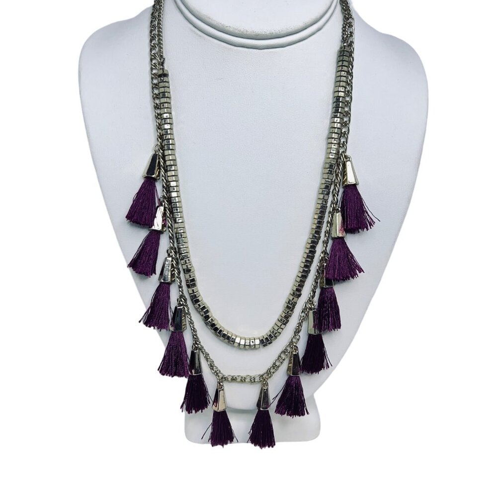 Double Strand Gold Tone Curb Chain Statement Necklace With Purple Tassels (5452) - Picture 1 of 8